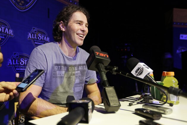 Florida Panthers forward Jaromir Jagr, of the Czech Republic, talks with reporters at the NHL hockey All-Star game media day Friday, Jan. 29, 2016, in Nashville, Tenn. The game is scheduled to be played Sunday, Jan. 31. (AP Photo/Mark Humphrey)