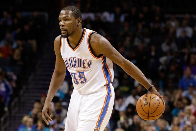 Jan 2, 2016; Charlotte, NC, USA; Oklahoma City Thunder forward Kevin Durant (35) controls the ball during the first half against the Charlotte Hornets at Time Warner Cable Arena. Mandatory Credit: Jeremy Brevard-USA TODAY Sports