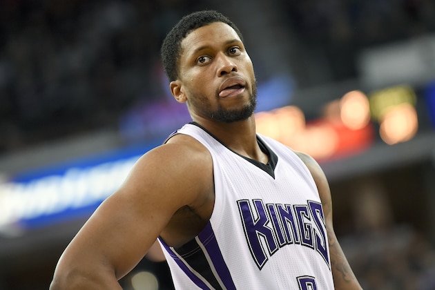SACRAMENTO, CA - JANUARY 25:  Rudy Gay #8 of the Sacramento Kings looks on against the Charlotte Hornets during an NBA basketball game at Sleep Train Arena on January 25, 2016 in Sacramento, California. NOTE TO USER: User expressly acknowledges and agrees that, by downloading and or using this photograph, User is consenting to the terms and conditions of the Getty Images License Agreement.  (Photo by Thearon W. Henderson/Getty Images)