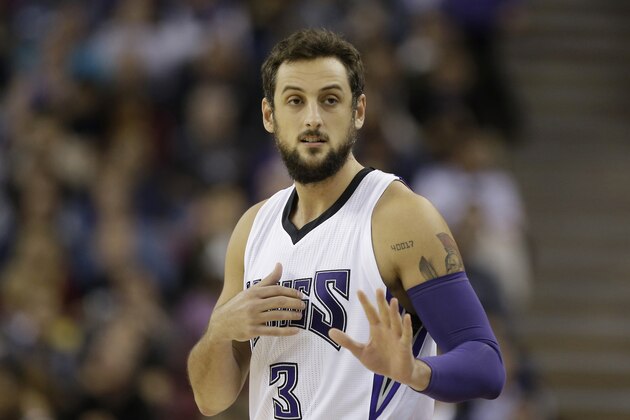 Sacramento Kings guard Marco Belinelli, of Italy during the first quarter of an NBA basketball game against the Utah Jazz in Sacramento, Calif., Tuesday, Dec. 8, 2015.(AP Photo/Rich Pedroncelli)
