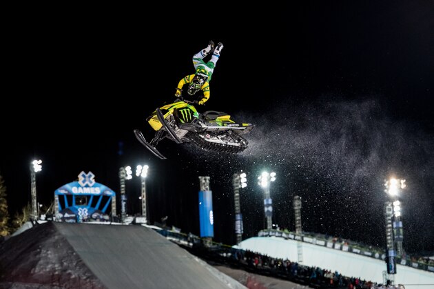 ASPEN, CO - JANUARY 29: Joe Parsons races during the snowmobile freestyle final at the Winter X Games 2016 Aspen at Buttermilk Mountain on January 29, 2016, in Aspen, Colorado. Parons took home the gold medal in the event. (Photo by Chris Council/Getty Images) ASPEN, CO - JANUARY 29: Joe Parsons races during the snowmobile freestyle final at the Winter X Games 2016 Aspen at Buttermilk Mountain on January 29, 2016, in Aspen, Colorado. Parons took home the gold medal in the event. (Photo by Chris Council/Getty Images)