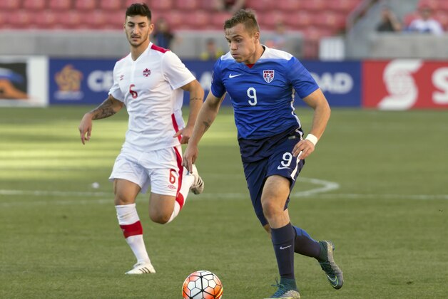 Oct 13, 2015; Sandy, UT, USA; United States forward Jordan Morris (9) dribbles the ball up the field against Canada during the first half at Rio Tinto Stadium. Mandatory Credit: Chris Nicoll-USA TODAY Sports