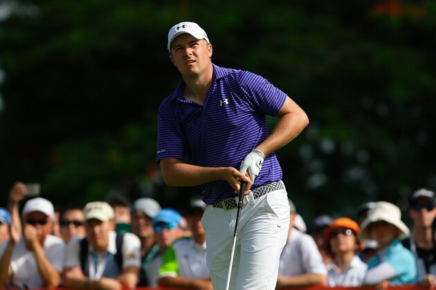 SINGAPORE - JANUARY 30:  Jordan Spieth of the United States tees off on the eighteen hole during the completion of the inclement weather second round on day three of the SMBC Singapore Open at the Sentosa Golf Club Serapong course on January 30, 2016 in Singapore.  (Photo by Suhaimi Abdullah/Getty Images)