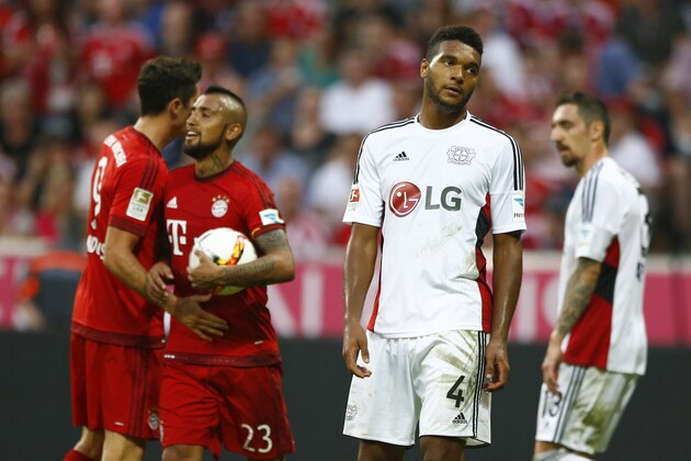 Leverkusen's Jonathan Tah looks on after Bayern scored during the German Bundesliga soccer match between FC Bayern Munich and Bayer Leverkusen 04 in Munich, Germany, Saturday, Aug. 29, 2015. (AP Photo/Matthias Schrader)