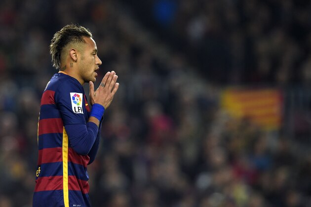 Barcelona's Brazilian forward Neymar gestures after missing an attempt on goal during the Spanish Copa del Rey (King's Cup) quarter-finals second leg football match FC Barcelona vs Athletic Club de Bilbao at Camp Nou stadium in Barcelona on January 27, 2016.   AFP PHOTO / LLUIS GENE / AFP / LLUIS GENE        (Photo credit should read LLUIS GENE/AFP/Getty Images)