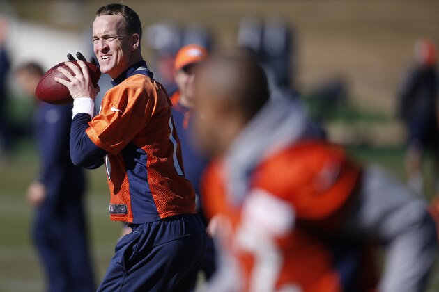 Denver Broncos quarterback Peyton Manning, back, looks to throw to wide receiver Andre Caldwell, front, during an NFL football practice at the team's headquarters Thursday, Jan. 28, 2016, in Englewood, Colo. The Broncos are preparing to face the Carolina Panthers in the Super Bowl. (AP Photo/David Zalubowski)
