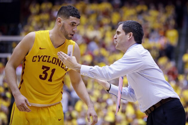 Iowa State head coach Steve Prohm talks with forward Georges Niang, left, during the second half of an NCAA college basketball game against Kansas, Monday, Jan. 25, 2016, in Ames, Iowa. Iowa State won 85-72. (AP Photo/Charlie Neibergall)