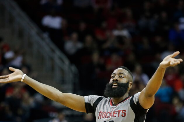 Jan 24, 2016; Houston, TX, USA;  Houston Rockets guard James Harden (13) reacts against the Dallas Mavericks at Toyota Center. Mandatory Credit: Thomas B. Shea-USA TODAY Sports