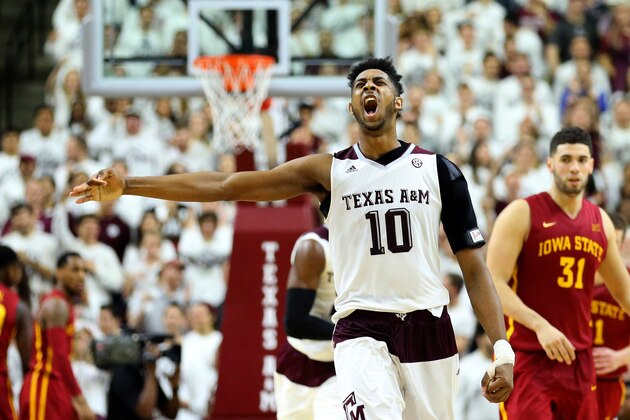 Texas A&M's Tonny Trocha-Morelos (10) reacts after making a 3-point basket against Iowa State during the second half of an NCAA college basketball game, Saturday, Jan. 30, 2016, in College Station, Texas.  Texas A&M won 72-62. (AP Photo/Sam Craft)