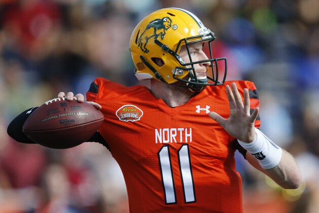 North Dakota State quarterback Carson Wentz, of the North Team, throws a pass during the Senior Bowl NCAA college football game, Saturday, Jan. 30, 2016, at Ladd–Peebles Stadium, in Mobile, Ala. (AP Photo/Brynn Anderson)
