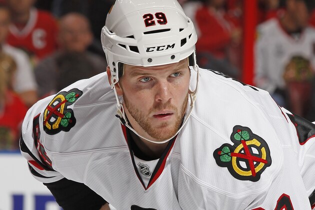 SUNRISE, FL - OCTOBER 22: Bryan Bickell #29 of the Chicago Blackhawks prepares for a face-off against the Florida Panthers at the BB&T Center on October 22, 2013 in Sunrise, Florida. The Blackhawks defeated the Panthers 3-2 in a shoot-out. (Photo by Joel Auerbach/Getty Images)