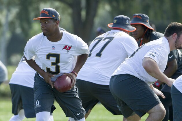 Tampa Bay Buccaneers quarterback Jameis Winston (3) of Team Irvin looks to hand off the football during an NFL Pro Bowl football practice, Saturday, Jan. 30, 2016, in Kahuku, Hawaii. (AP Photo/Eugene Tanner)