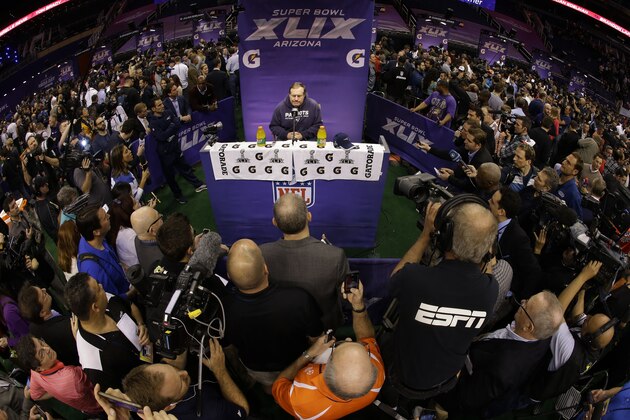 New England Patriots head coach Bill Belichick answers questions during media day for NFL Super Bowl XLIX football game Tuesday, Jan. 27, 2015, in Phoenix. (AP Photo/Charlie Riedel)