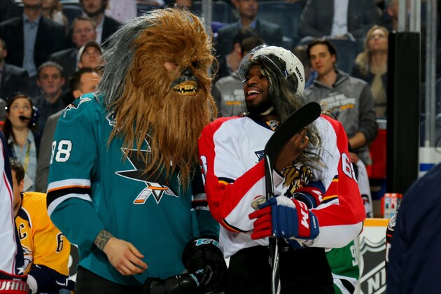 NASHVILLE, TN - JANUARY 30:  Brent Burns #88 of the San Jose Sharks and P.K. Subban #76 of the Montreal Canadiens react in the DraftKings NHL Accuracy Shooting during the 2016 Honda NHL All-Star Skill Competition at Bridgestone Arena on January 30, 2016 in Nashville, Tennessee.  (Photo by Bruce Bennett/Getty Images)