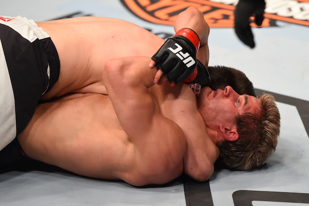 NEWARK, NJ - JANUARY 30:  Bryan Barberena (top) submits Sage Northcutt in their welterweight bout during the UFC Fight Night event at the Prudential Center on January 30, 2016 in Newark, New Jersey. (Photo by Josh Hedges/Zuffa LLC/Zuffa LLC via Getty Images)