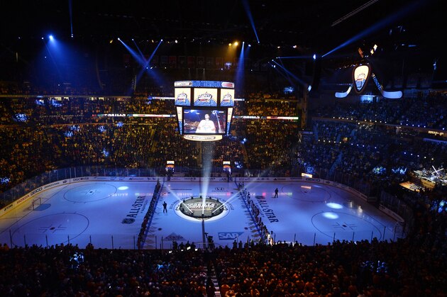 Players are introduced before the NHL All-Star hockey skills competition Saturday, Jan. 30, 2016, in Nashville, Tenn. (AP Photo/Mark Zaleski)