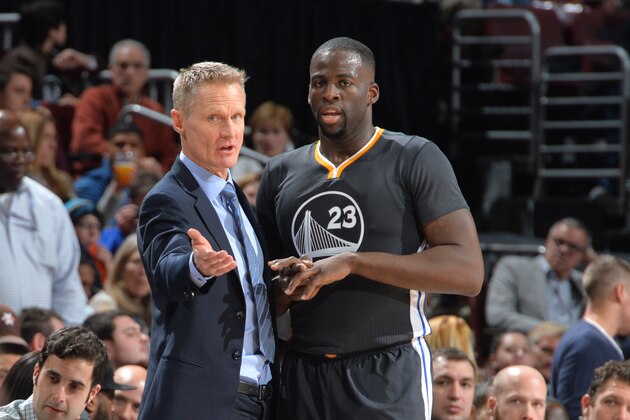PHILADELPHIA,PA - JANUARY 30: Head Coach Steve Kerr of the Golden State Warriors gives direction to Draymond Green #23 against the Philadelphia 76ers at Wells Fargo Center on January 30, 2015 in Philadelphia, Pennsylvania NOTE TO USER: User expressly acknowledges and agrees that, by downloading and/or using this Photograph, user is consenting to the terms and conditions of the Getty Images License Agreement. Mandatory Copyright Notice: Copyright 2016 NBAE (Photo by Jesse D. Garrabrant/NBAE via Getty Images)