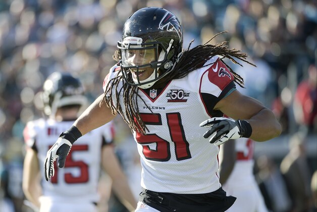 Atlanta Falcons outside linebacker Philip Wheeler (51) celebrates a play against Jacksonville Jaguars during the second half of an NFL football game in Jacksonville, Fla., Sunday, Dec. 20, 2015. (AP Photo/Phelan M. Ebenhack)