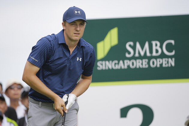 Jordan Spieth of the United States watches his shot after teeing off on the third hole during the final round of the SMBC Singapore Open golf tournament at Sentosa Golf Club's Serapong Course on Sunday, Jan. 31, 2016, in Singapore. (AP Photo/Wong Maye-E)