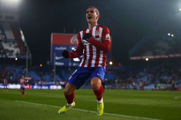 Atletico Madrid's Antoine Griezmann celebrates after scoring his team's third goal against Rayo Vallecano during the Copa del Rey second leg soccer match between Atletico Madrid and Rayo Vallecano at the Vicente Calderon stadium, in Madrid, Thursday, Jan. 14, 2016. Atletico Madrid won 4-1 on aggregate and moved to the next round. (AP Photo/Francisco Seco)