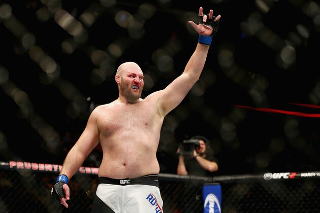 NEWARK, NJ - JANUARY 30:  Ben Rothwell of the United States celebrates his second round submission win by guillotine choke against Josh Barnett (not pictured) of the United States in their heavyweight bout during the UFC Fight Night event at the Prudential Center on January 30, 2016 in Newark, New Jersey.  (Photo by Elsa/Getty Images)
