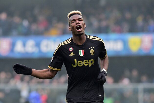 Juventus' midfielder from France Paul Pogba celebrates after scoring a goal during the Serie A football match between Chievo Verona and Juventus on January 31, 2016 at Bentegodi Stadium in Verona.  / AFP / GIUSEPPE CACACE        (Photo credit should read GIUSEPPE CACACE/AFP/Getty Images)