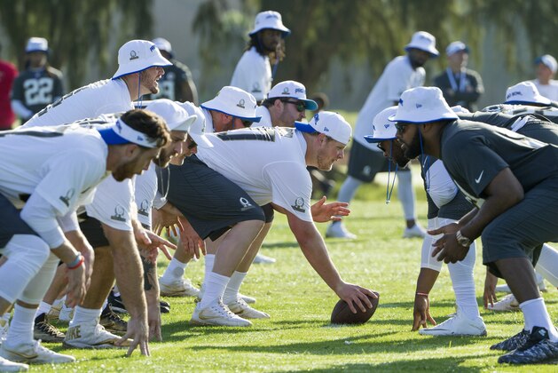 The Team Rice offense and defense practice for the NFL Pro Bowl football game, Saturday, Jan. 30, 2016, in Kahuku, Hawaii. (AP Photo/Eugene Tanner)