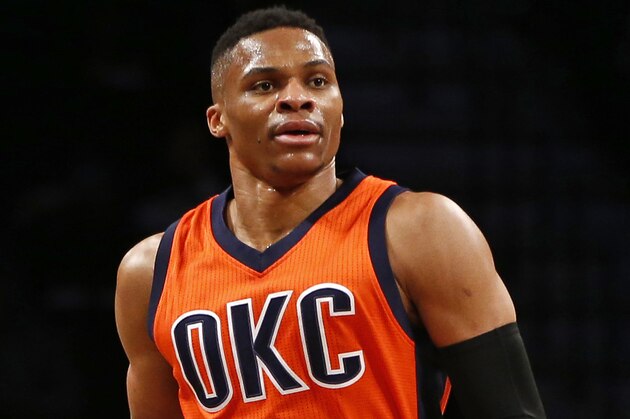 Oklahoma City Thunder guard Russell Westbrook (0) walks down the court during a break in the action in the first half of an NBA basketball game, Sunday, Jan. 24, 2016, in New York. (AP Photo/Kathy Willens)