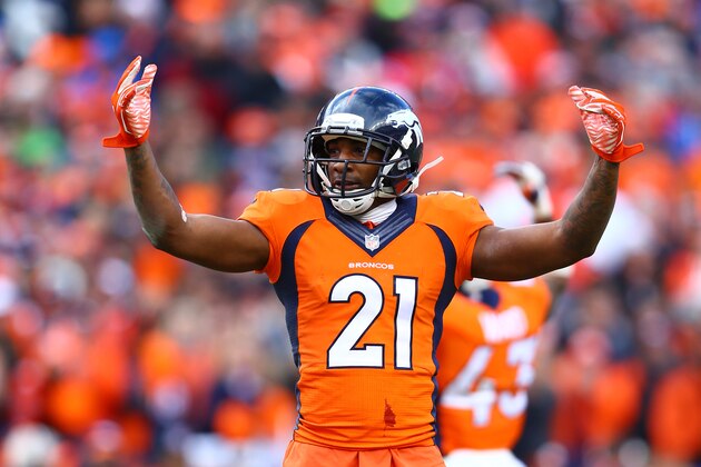 Jan 24, 2016; Denver, CO, USA; Denver Broncos cornerback Aqib Talib (21) reacts against the New England Patriots in the AFC Championship football game at Sports Authority Field at Mile High. The Broncos defeated the Patriots 20-18 to advance to the Super Bowl. Mandatory Credit: Mark J. Rebilas-USA TODAY Sports