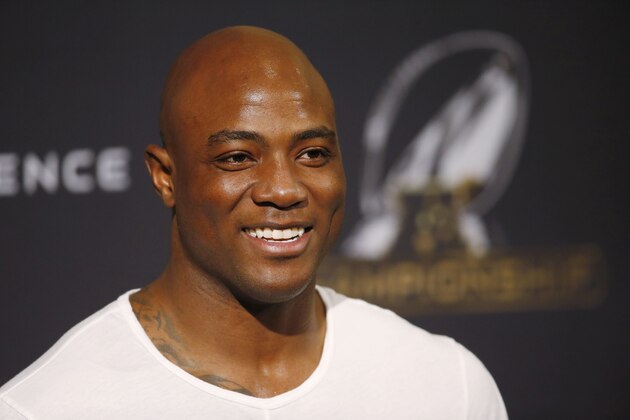 Denver Broncos outside linebacker DeMarcus Ware jokes with reporters during news conference following the team's NFL football practice, Wednesday, Jan. 20, 2016, at the team's headquarters in Englewood, Colo. The Broncos will host the New England Patriots in the AFC Championship Sunday in Denver. (AP Photo/David Zalubowski)