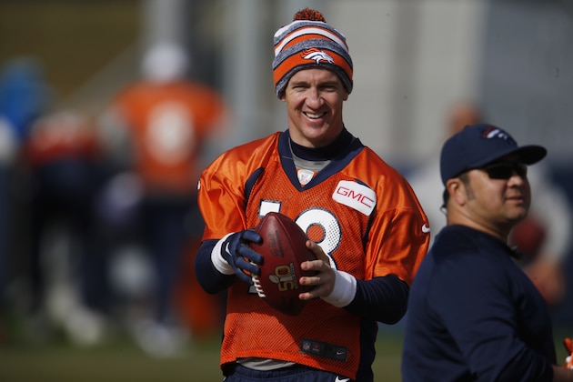 Denver Broncos quarterback Peyton Manning (18) during an NFL football practice at the team's headquarters Saturday, Jan. 30, 2016, in Englewood, Colo. The Broncos are preparing to face the Carolina Panthers in Super Bowl 50 on Sunday, Feb. 7. (AP Photo/David Zalubowski)