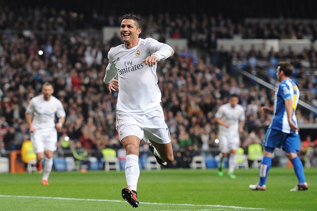 MADRID, SPAIN - JANUARY 31:  Cristiano Ronaldo of Real Madrid celebrates after scoring Real's 2nd goal during the La Liga match between Real Madrid CF and Real CD Espanyol at Estadio Santiago Bernabeu on January 31, 2016 in Madrid, Spain.  (Photo by Denis Doyle/Getty Images)