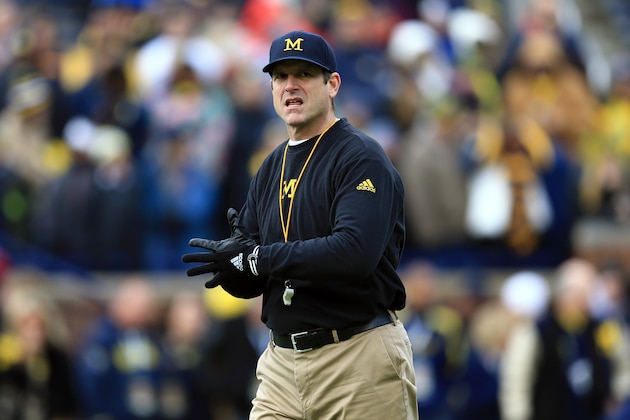 ANN ARBOR, MI - NOVEMBER 28: Head coach Jim Harbaugh of the Michigan Wolverines during the game against the Ohio State Buckeyes at Michigan Stadium on November 28, 2015 in Ann Arbor, Michigan. Ohio State defeated Michigan 42-13. (Photo by Andrew Weber/Getty Images)