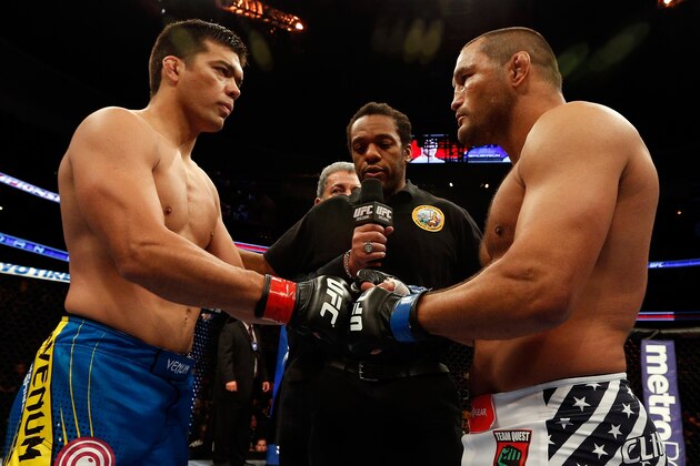 ANAHEIM, CA - FEBRUARY 23:  (L-R) Opponents Lyoto Machida and Dan Henderson face off before their light heavyweight bout during UFC 157 at Honda Center on February 23, 2013 in Anaheim, California.  (Photo by Josh Hedges/Zuffa LLC/Zuffa LLC via Getty Images)