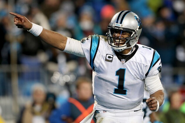 CHARLOTTE, NC - JANUARY 24:  Cam Newton #1 of the Carolina Panthers celebrates during the NFC Championship Game against the Arizona Cardinals at Bank of America Stadium on January 24, 2016 in Charlotte, North Carolina.  (Photo by Streeter Lecka/Getty Images)