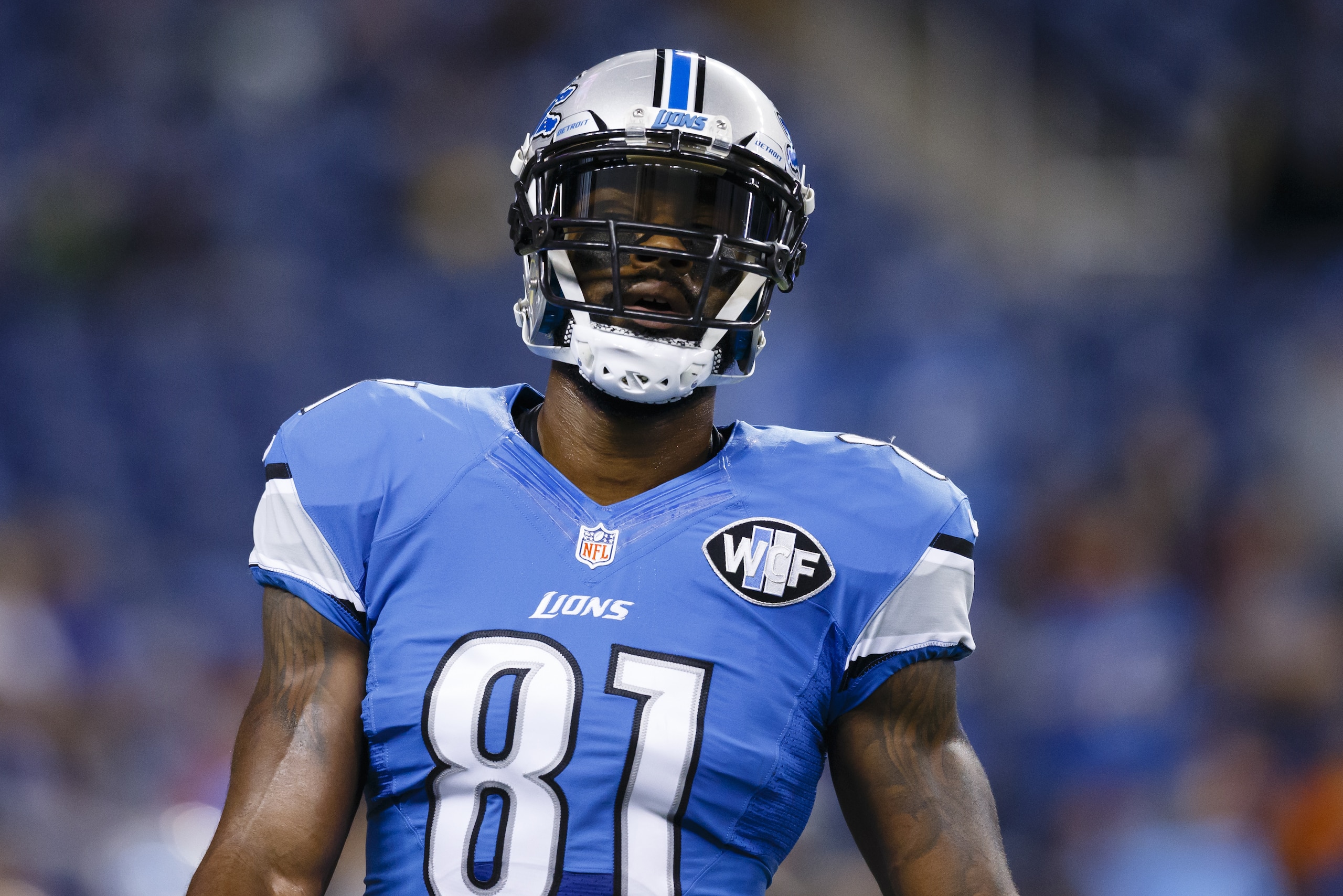 Detroit Lions wide receiver Calvin Johnson (81) during warm ups before an NFL football game against the San Francisco 49ers at Ford Field in Detroit, Sunday, Dec. 27, 2015. (AP Photo/Rick Osentoski) Detroit Lions wide receiver Calvin Johnson (81) during warm ups before an NFL football game against the San Francisco 49ers at Ford Field in Detroit, Sunday, Dec. 27, 2015. (AP Photo/Rick Osentoski)