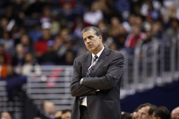 Washington Wizards head coach Randy Wittman reacts in the first half of an NBA basketball game against the Miami Heat, Wednesday, Jan. 20, 2016, in Washington. (AP Photo/Alex Brandon)