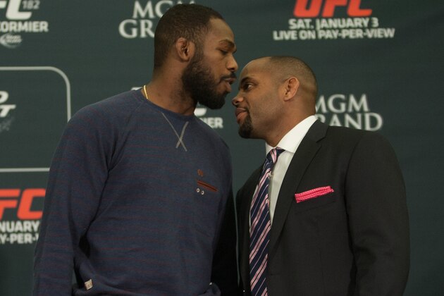 LAS VEGAS, NEVADA - JANUARY 01:  (L-R) UFC light heavyweight champion Jon Jones and Daniel Cormier face off during the UFC 182 Media Day at the MGM Grand Hotel and Casino on January 1, 2015 in Las Vegas, Nevada. (Photo by Brandon Magnus/Zuffa LLC/Zuffa LLC via Getty Images)