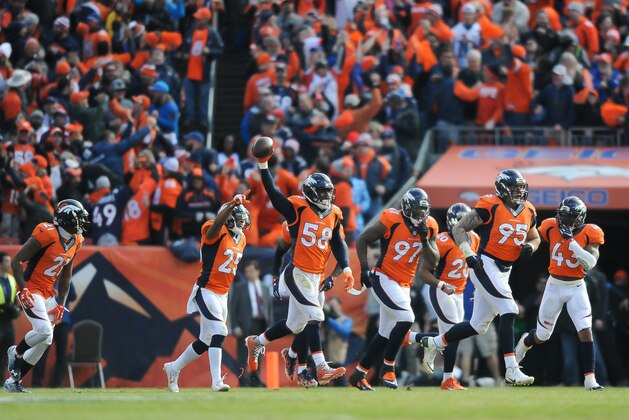 DENVER, CO - JANUARY 24: Denver Broncos defensive players, from left, Aqib Talib #21, Chris Harris #25, Von Miller #58, Malik Jackson #97, Darian Stewart #26, Derek Wolfe #95, and T.J. Ward #43, celebrate after an interception by Miller against the New England Patriots   in the AFC Championship game at Sports Authority Field at Mile High on January 24, 2016 in Denver, Colorado.  (Photo by Dustin Bradford/Getty Images)
