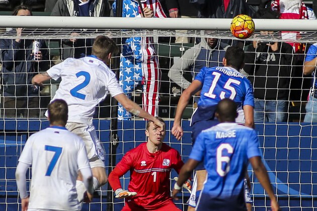 Iceland goalkeeper Ogmundur Kristinsson, center, looks on as United States defender Steve Birnbaum, top right, scores the winning goal in the second half of an international friendly soccer game in Carson, Calif., Sunday, Jan., 31, 2016. The United States won 3-2. (AP Photo/Ringo H.W. Chiu)