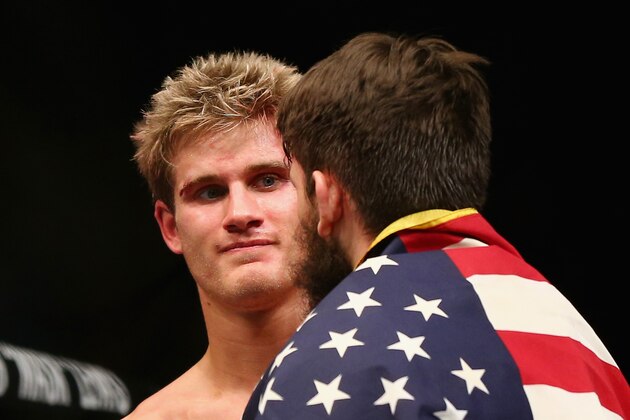 NEWARK, NJ - JANUARY 30:  (L-R) Sage Northcutt of the United States congratulates Bryan Barberena of the United States on Barberena's win by submission in the second round of their welterweight bout during the UFC Fight Night event at the Prudential Center on January 30, 2016 in Newark, New Jersey.  (Photo by Elsa/Getty Images)