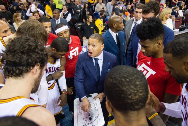 CLEVELAND, OH - JANUARY 23: Head coach Tyronn Lue of the Cleveland Cavaliers talk to his team prior to the game against the Chicago Bulls during the first half at Quicken Loans Arena on January 23, 2016 in Cleveland, Ohio. NOTE TO USER: User expressly acknowledges and agrees that, by downloading and/or using this photograph, user is consenting to the terms and conditions of the Getty Images License Agreement. Mandatory copyright notice. (Photo by Jason Miller/Getty Images)