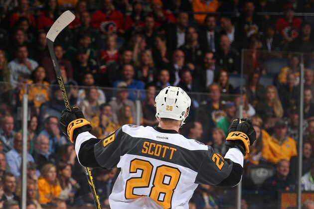 NASHVILLE, TN - JANUARY 31:  John Scott #28 of the Arizona Coyotes reacts during the Western Conference Semifinal Game between the Central Division and the Pacific Division as part of the 2016 Honda NHL All-Star Game at Bridgestone Arena on January 31, 2016 in Nashville, Tennessee.  (Photo by Bruce Bennett/Getty Images)