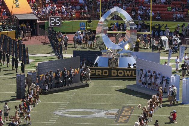 The All-Star football players are introduced before the NFL Pro Bowl football game, Sunday, Jan. 31, 2016, in Honolulu. (AP Photo/Eugene Tanner)