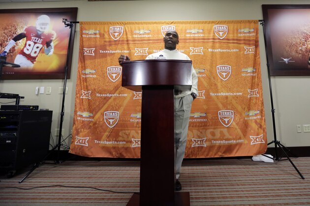 Texas head football coach Charlie Strong talks to the media about his 2015 recruiting class on national signing day, Wednesday, Feb. 4, 2015, in Austin, Texas. (AP Photo/Eric Gay)
