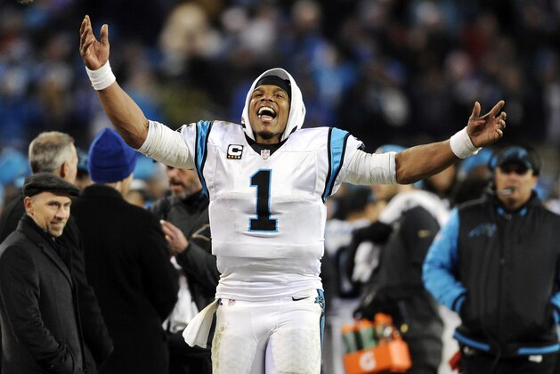 Carolina Panthers' Cam Newton celebrates after the NFL football NFC Championship game against the Arizona Cardinals, Sunday, Jan. 24, 2016, in Charlotte, N.C. The Panthers won 49-15 to advance to the Super Bowl. (AP Photo/Mike McCarn)