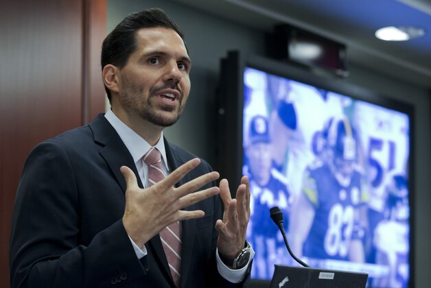 Dean Blandino, vice president of officiating for the NFL, presents the new technology that the NFL uses in the prevention and diagnosis of injuries, during a league news conference on Capitol Hill in Washington, Thursday, June 25, 2015. (AP Photo/Manuel Balce Ceneta)