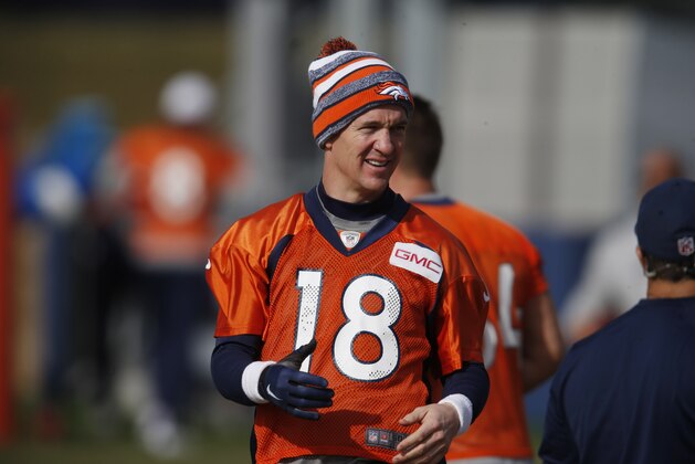 Denver Broncos quarterback Peyton Manning (18) during an NFL football practice at the team's headquarters Saturday, Jan. 30, 2016, in Englewood, Colo. The Broncos are preparing to face the Carolina Panthers in Super Bowl 50 on Sunday, Feb. 7. (AP Photo/David Zalubowski)