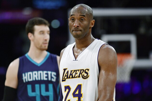 LOS ANGELES, CA - JANUARY 31: Kobe Bryant #24 of the Los Angeles Lakers reacts during the second half of the basketball game against Charlotte Hornets at Staples Center January 31, 2016, in Los Angeles, California. NOTE TO USER: User expressly acknowledges and agrees that, by downloading and or using the photograph, User is consenting to the terms and conditions of the Getty Images License Agreement. (Photo by Kevork Djansezian/Getty Images)