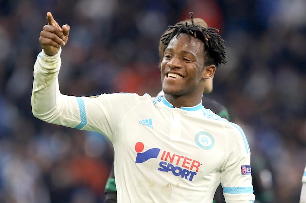 Marseille's Belgian forward Michy Batshuayi, reacts after scoring against Groningen, during a group F Europa League  soccer match between Marseille and Groningen, at the Velodrome stadium, in Marseille, southern France, Thursday, Nov.26, 2015.  (AP Photo/Claude Paris)
